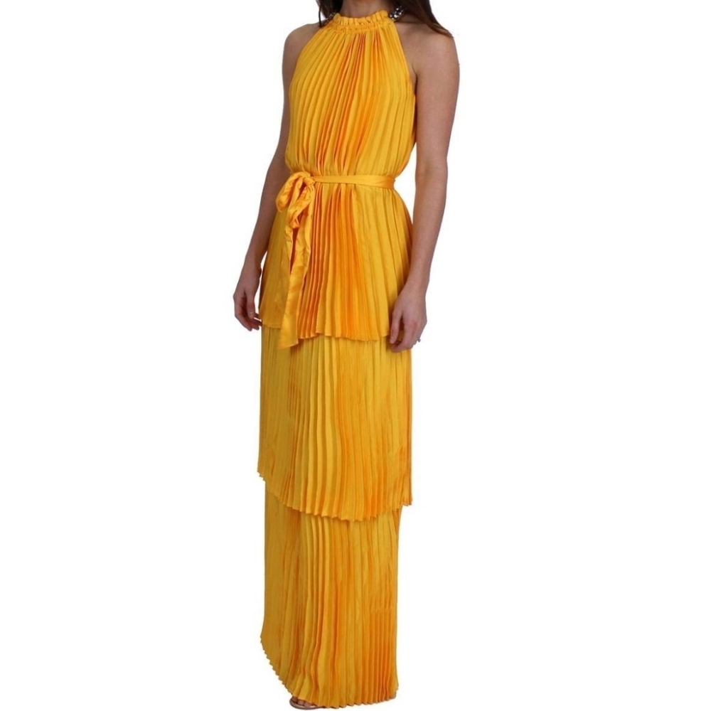 Juicy Couture Black Label Pleated Tiered Rhinestone Halter Yellow Maxi Dress 6